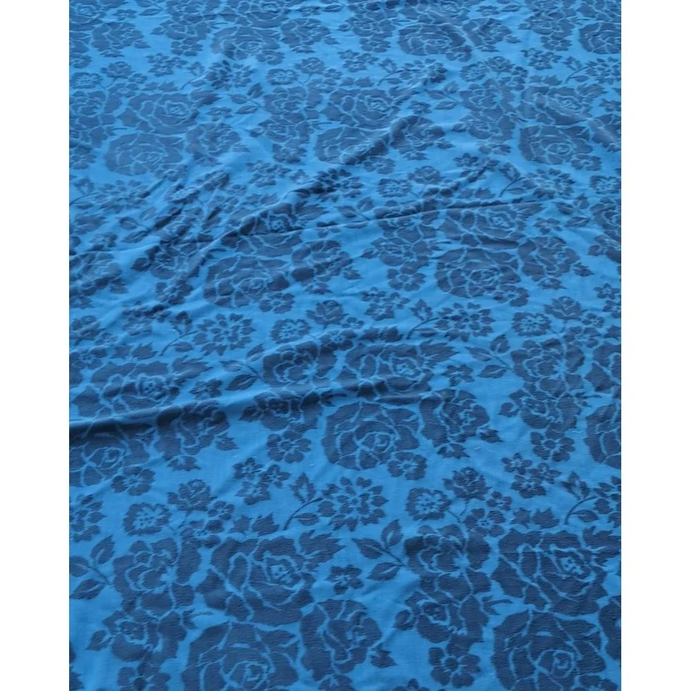 Vintage Royal Blue Rose Pattern Floral Fringed Blanket Bedspread Sofa Cover MCM